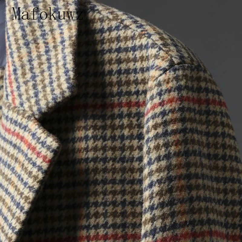 Autumn Winter Retro British Style Mid-length Plaid Woolen Coat Fashionable Loose Casual High Street Windbreakers Male Clothes 240830