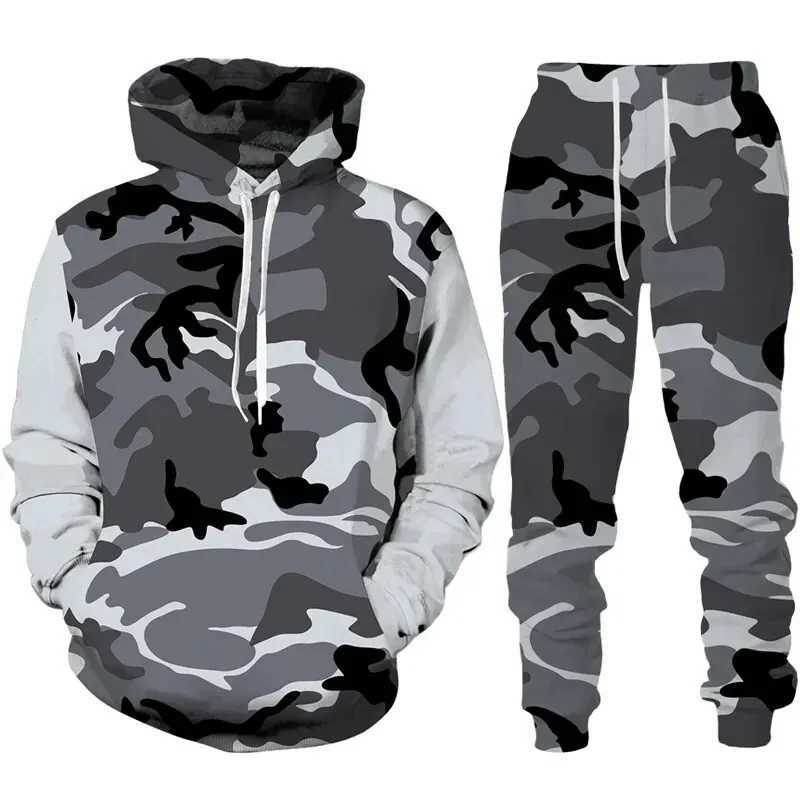 Men's Tracksuits 2024 new camouflage hooded pants set 3D printed casual mens high-quality track and field suit set fashion mens clothing 2-piece 