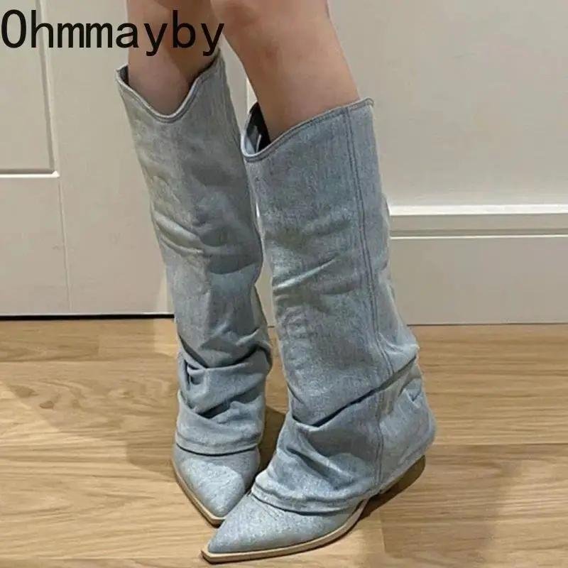Western Women Cowboy Boots Fashion Slip On Thick Heel Long Booties Retro Style Autumn Winter Female Denim Shoes ac64