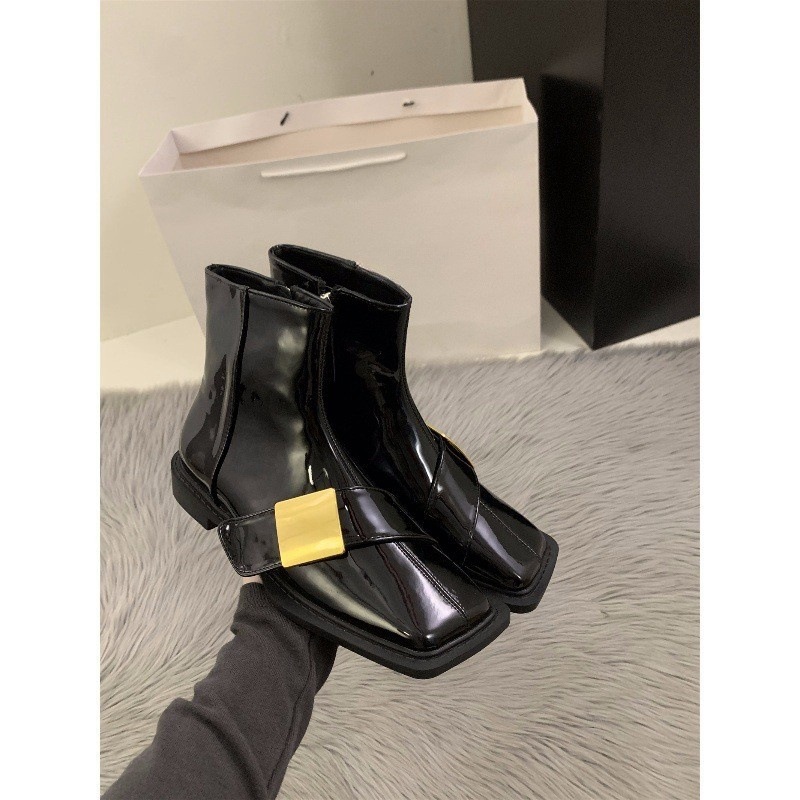 Women's flat bottomed square toe black British style Martin boots 241116