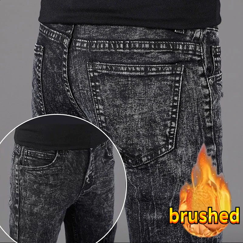 Mens Autumn Winter Korean Style Brushed Denim Fabric Slim Fashion Skinny Plush Cowboy Snowflake Pants 240826Z
