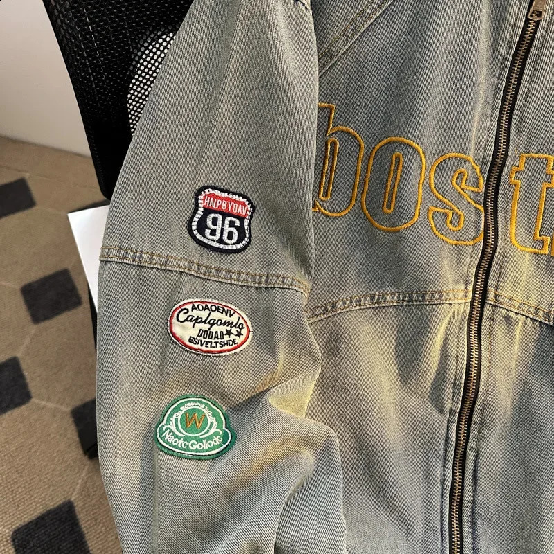 Trendy High Street Denim Jacket Loose Fit Vintage Motorcycle Dirt Colorful Letter Printed Jacket Casual Street Style For Men 240830