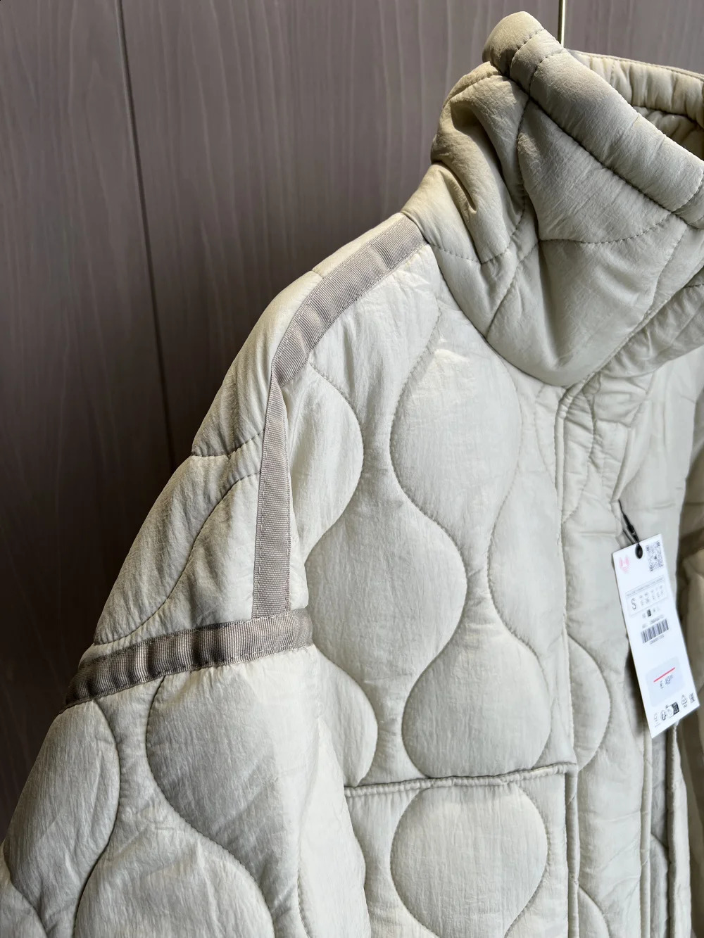 Quilted coat for women ETJ traf QUILTED JACKET WITH TIES beige drawstring high neck pocket clip cotton jacket for women 240830
