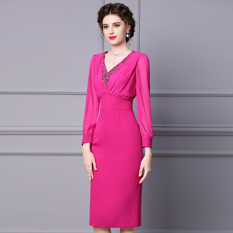 OC-Jackie 409M95 Basic Casual Dresses Autumn and Winter Women's Dress Handmade Nail Beads Long Hip Hugging Skirt Sleeved Evening Gown
