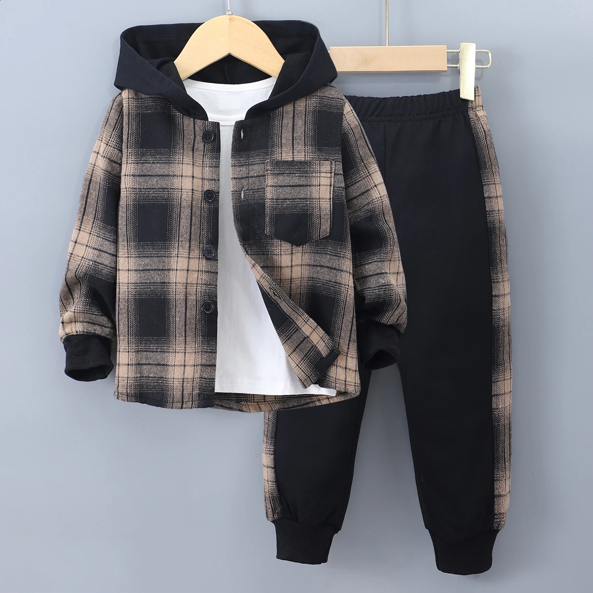 2024 Spring Winter Kids Boy 2-Piece Cotton Casual Simple Long Sleeve Hooded Coat Checkered Childrens Suit 3 4 5 6 7 Years Old 250117