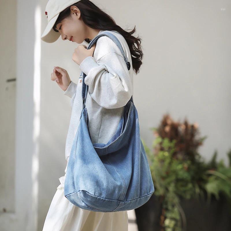 Drawstring Jeans Women's Bag Denim Shoulder Cross Vintage Messenger Y2K Eco Korean Shopper Satchels Canvas Book Handbag Big