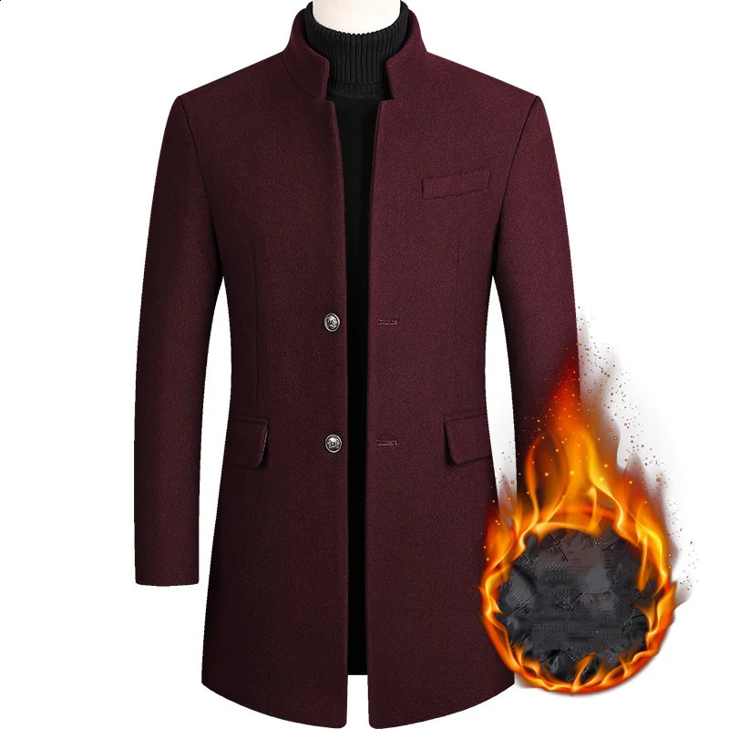 Winter wool blend coat mens solid color stand collar thick business casual mens trench coat single chest wool blend 240912 - view 7