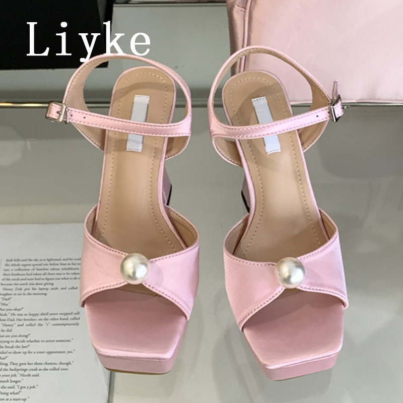 Liyke Sexy Thick Bottom Square Toe Buckle Strap Platform Sandals White Pearl Design High Heels Elegant Women Dinner Party Shoes