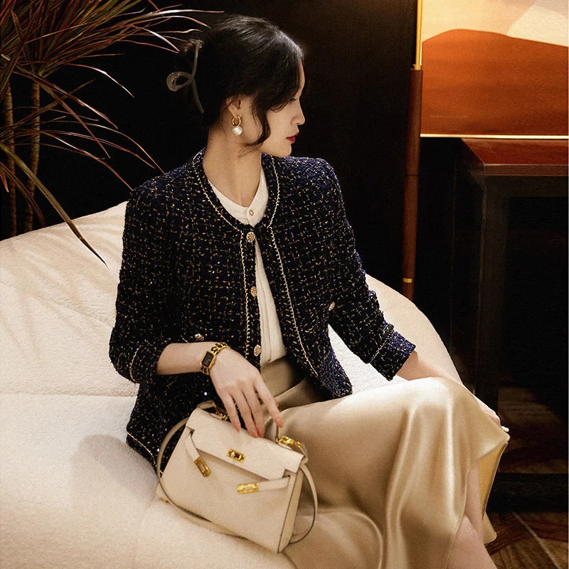 Autumn Winter Tweed Jacket Women High Quality plaid Long Sleeve Round Neck Short Ladies Woolen Coat Outwear Tops 240830