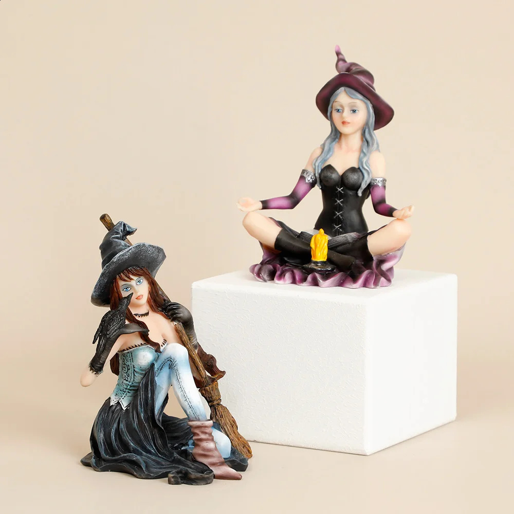 Witch Figurine with owl Halloween Decor Cat Witch Statue Black Cat Statue Witch home Decoration Sculpture Fairy Figure Gift 240830