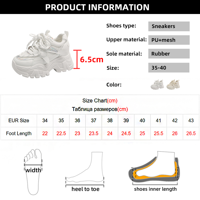 Women's Fashion White Chunky Sneakers Thick Bottom Lace Up Vulcanized Shoes Woman Non Slip Platform Sports Shoes for Lady