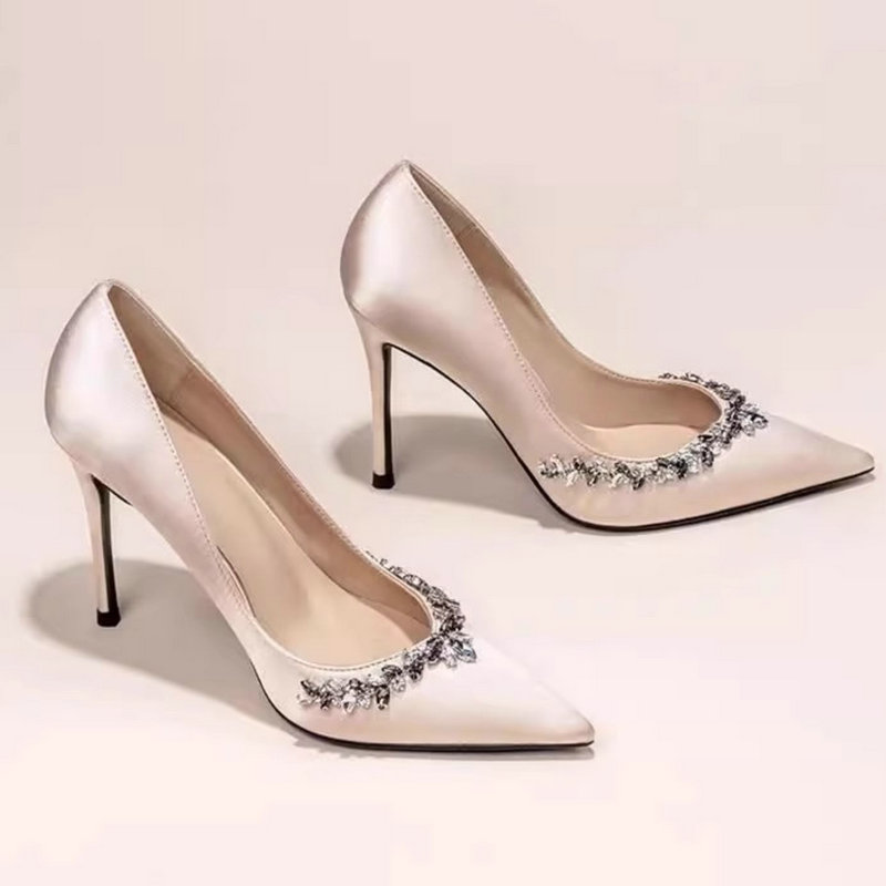 2025 new Women New Fine Heels Pointy French Temperament Rhinester Single Bridesmaids Wedding Shoes bab4