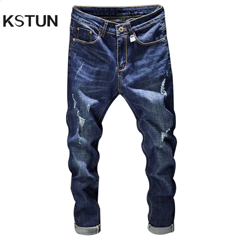 Moto Biker Jeans For Men Dark Blue Stretch Slim Fit Distrssed Ripped Denim Pants Clothes Long Trousers Hip Hop Frayed 240826Z