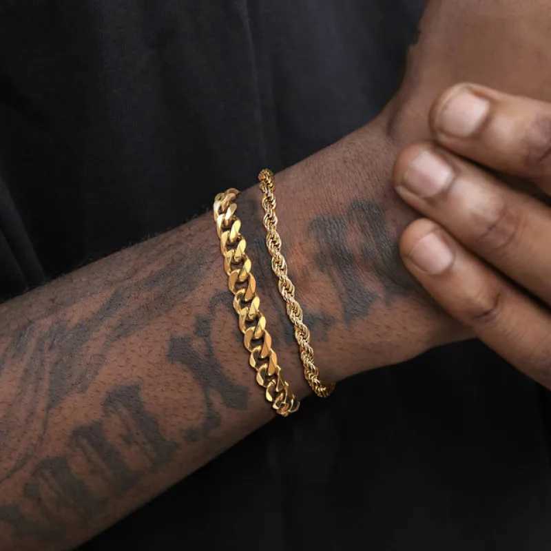 HONGTONG Basic Mens Cuban Twisted Rope Bracelet 2-piece Set Gold Stainless Steel Figaro Wheat Chain W240830