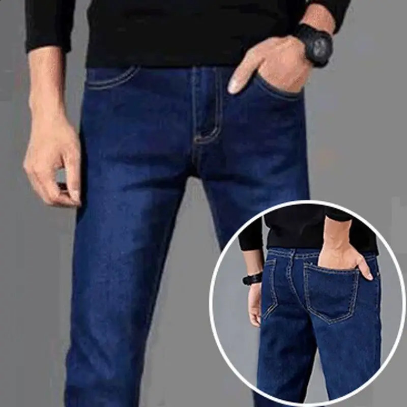 Mens Autumn Winter Korean Style Brushed Denim Fabric Slim Fashion Skinny Plush Cowboy Snowflake Pants 240826Z