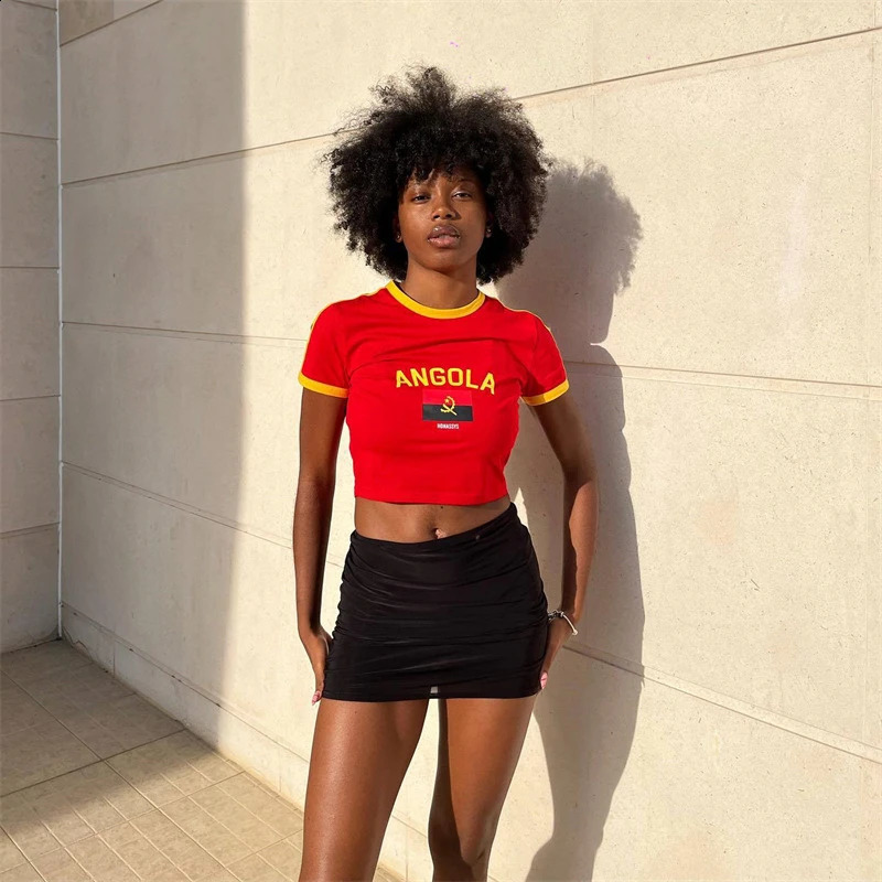 Angola womens letter printed Tshirt summer Oneck short sleeved ultrathin baby Y2K 2000s casual crop top street clothing 240830