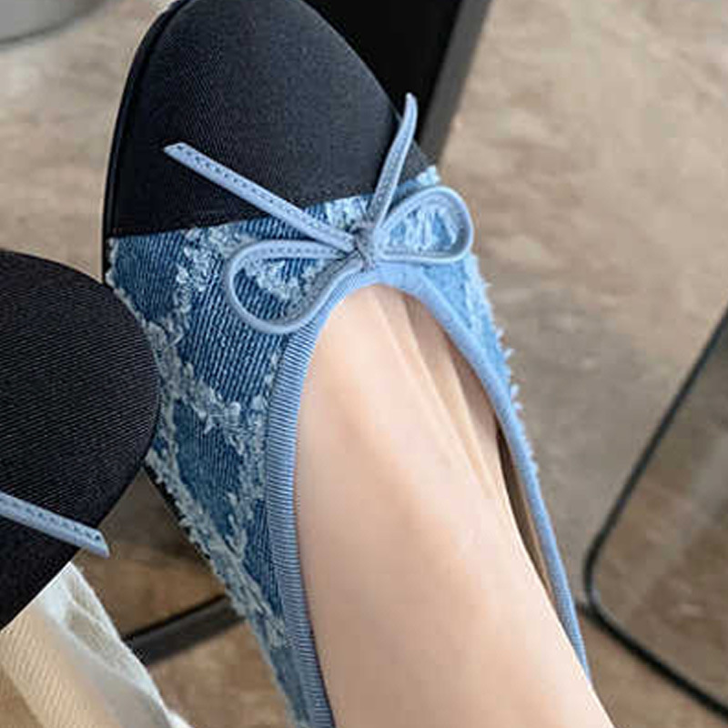 2f2e4 Blue 2023 Designer New jeans bow flat shoes woman round toe cloth patchwork flats plaid sewing moccasins denim loafers for women s