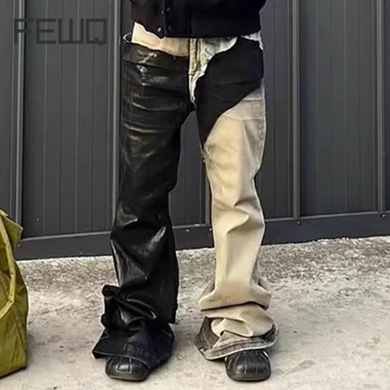 FEWQ Men Pants Washed Spliced Brushed High Street Niche Stacked Jeans Versatile 2023 Contrast Color Fashion Autumn 240826Z