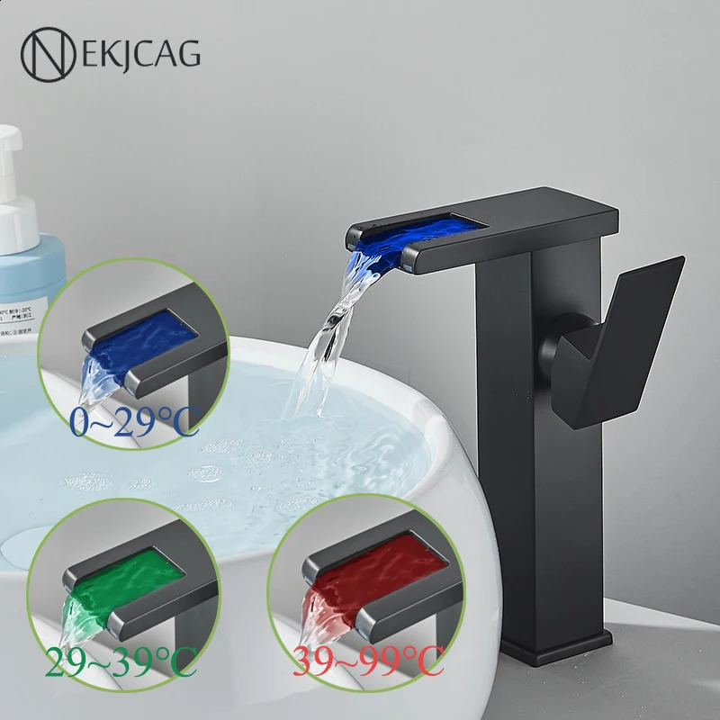 LED bathroom basin faucet waterfall outlet black and cold mixer deck installation crane kitchen sink with light 240830