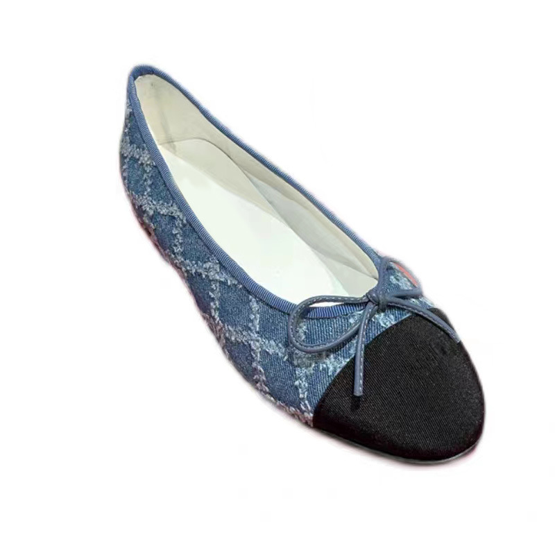 2f2e4 Blue 2023 Designer New jeans bow flat shoes woman round toe cloth patchwork flats plaid sewing moccasins denim loafers for women s