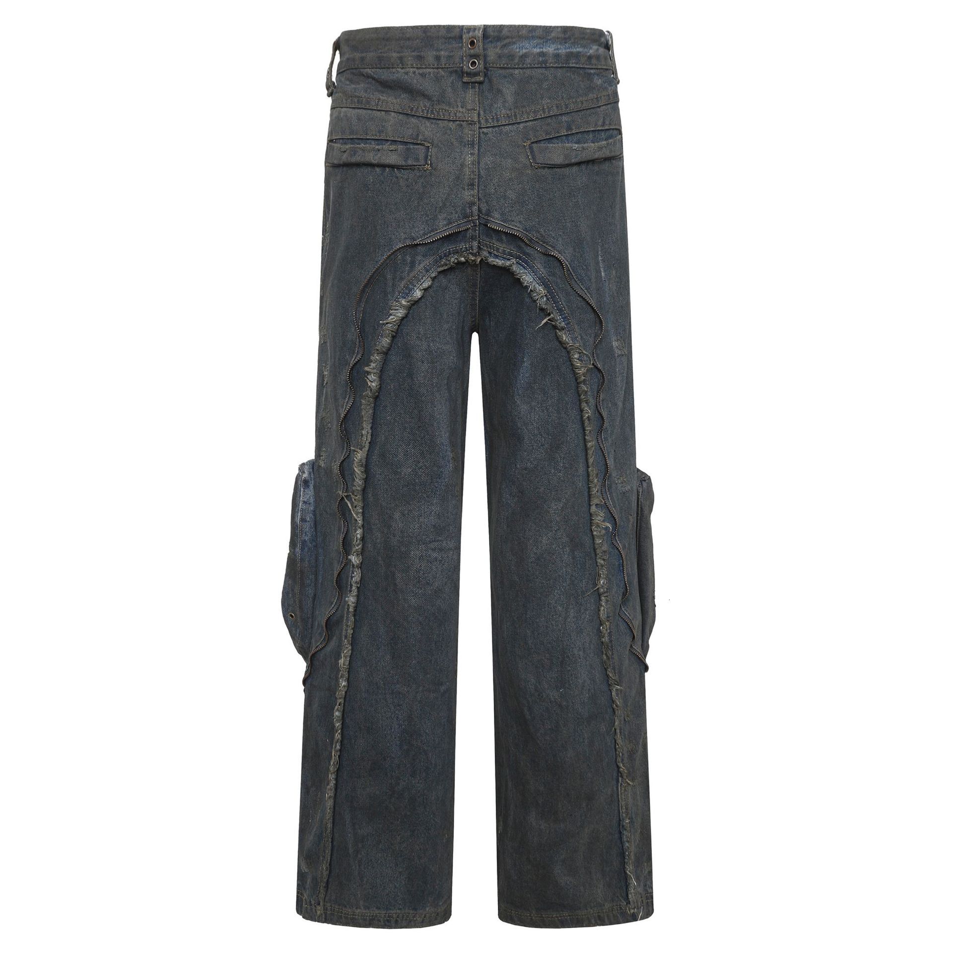 American Street Design Deconstructs Pockets Heavy Work Washed Worn Out Ragged Edges Tassels Straight Barrel Workwear Jeans