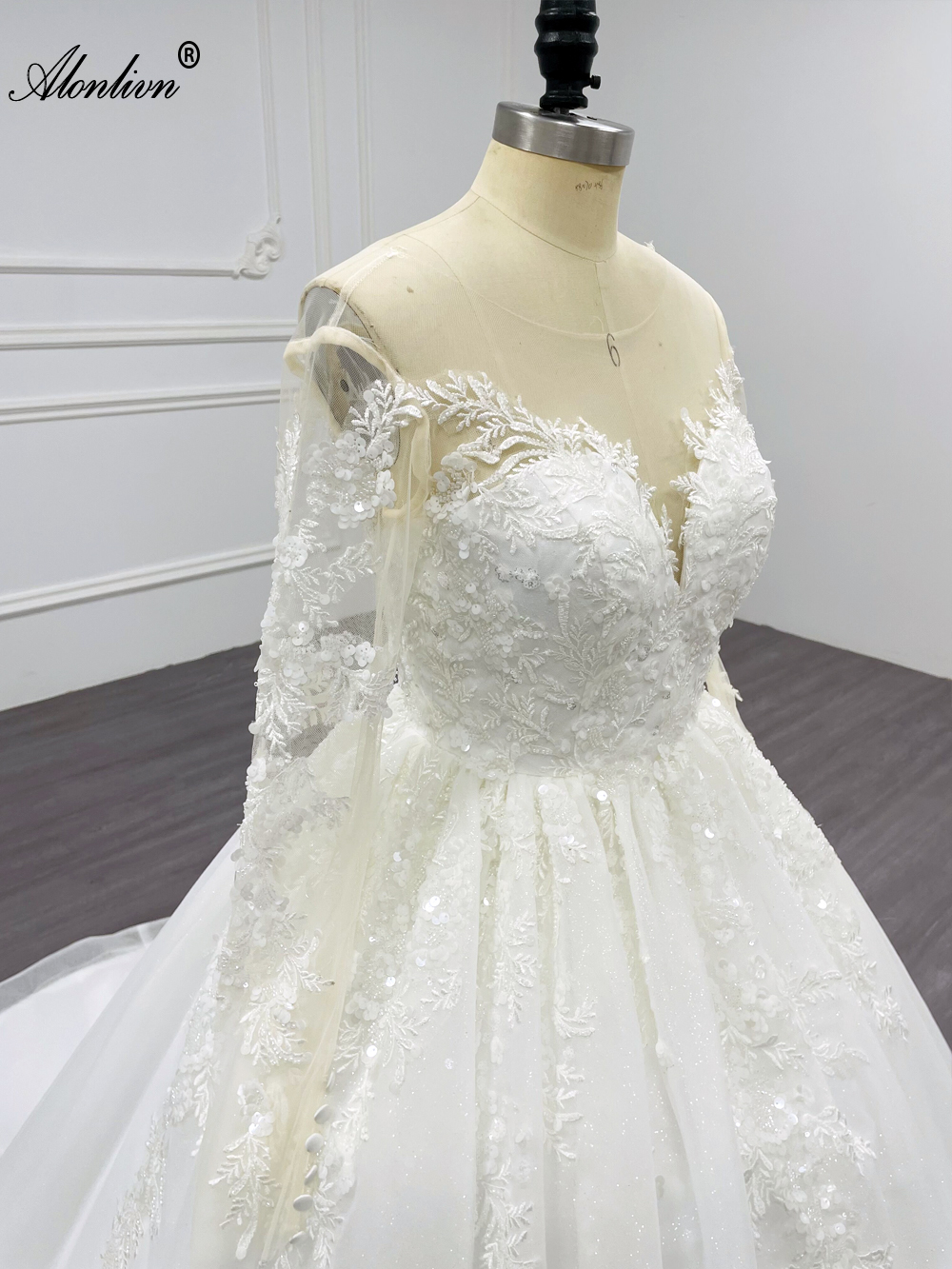 Alonlivn Chic Illusion V-Neck Full Sleeves Ball Gown Wedding Dress Beading Sequined shiny lace Court Train Bridal Gowns Can Be Customized