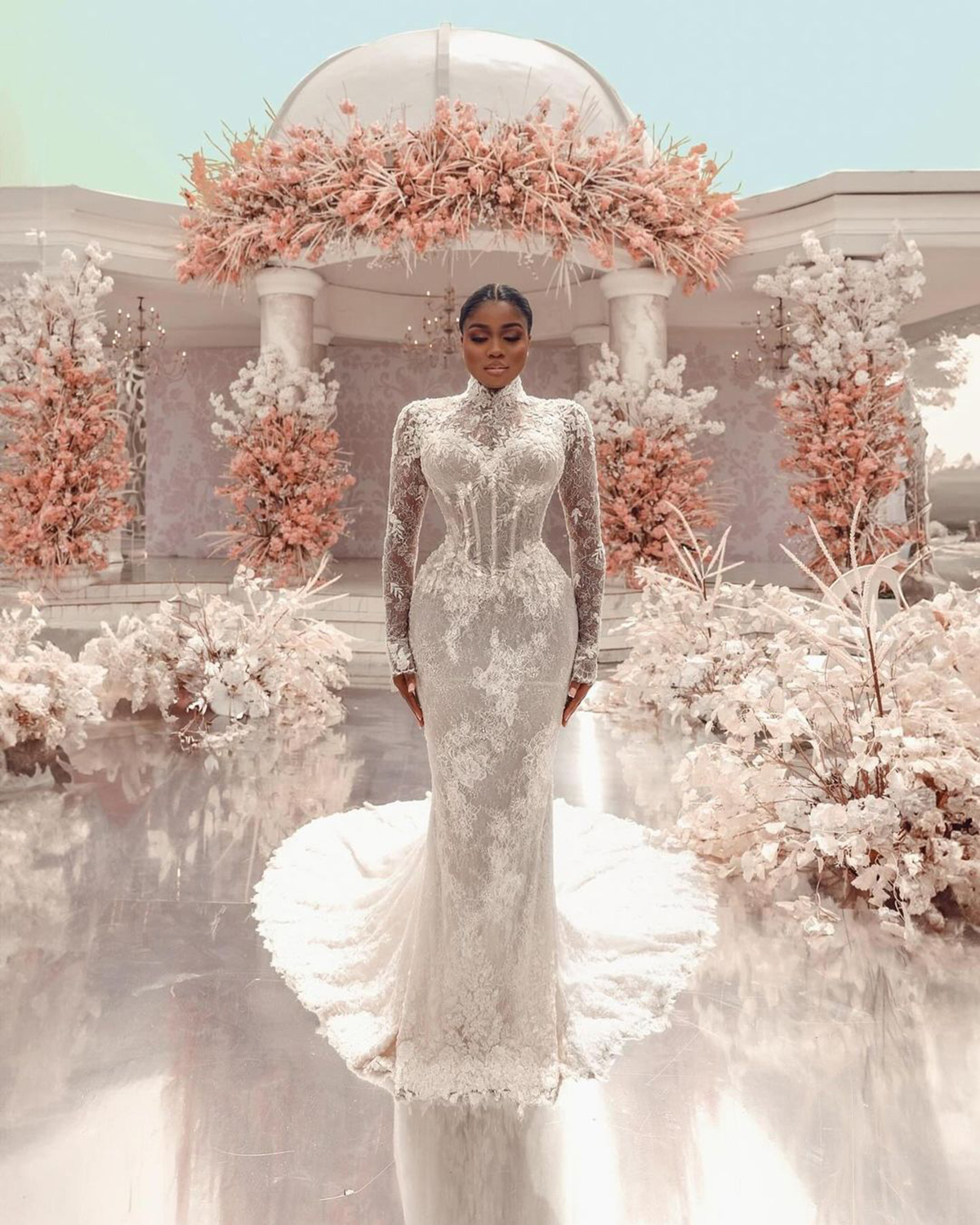 Graceful Lace Mermaid Wedding Dress High Neck Bridal Gowns Long Sleeve Sweep Train Bride Dresses Custom Made Vestido de novia