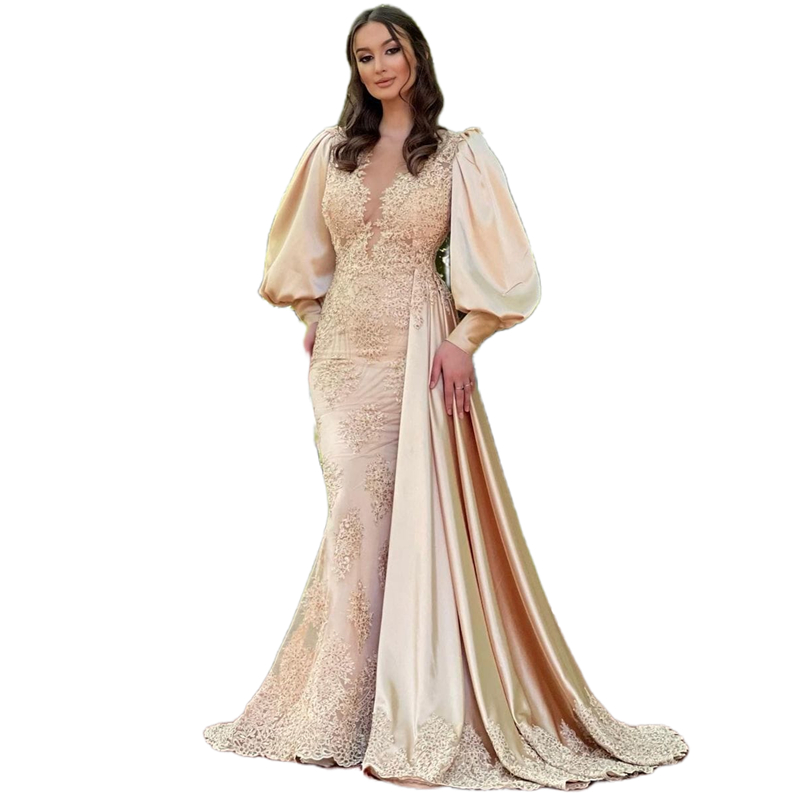 Elegant Champagne Gold Mermaid Evening Dresses Puff Long Sleeves Lace Appliques Satin Floor Length Formal Party Gown For Women 2024 Prom Dress