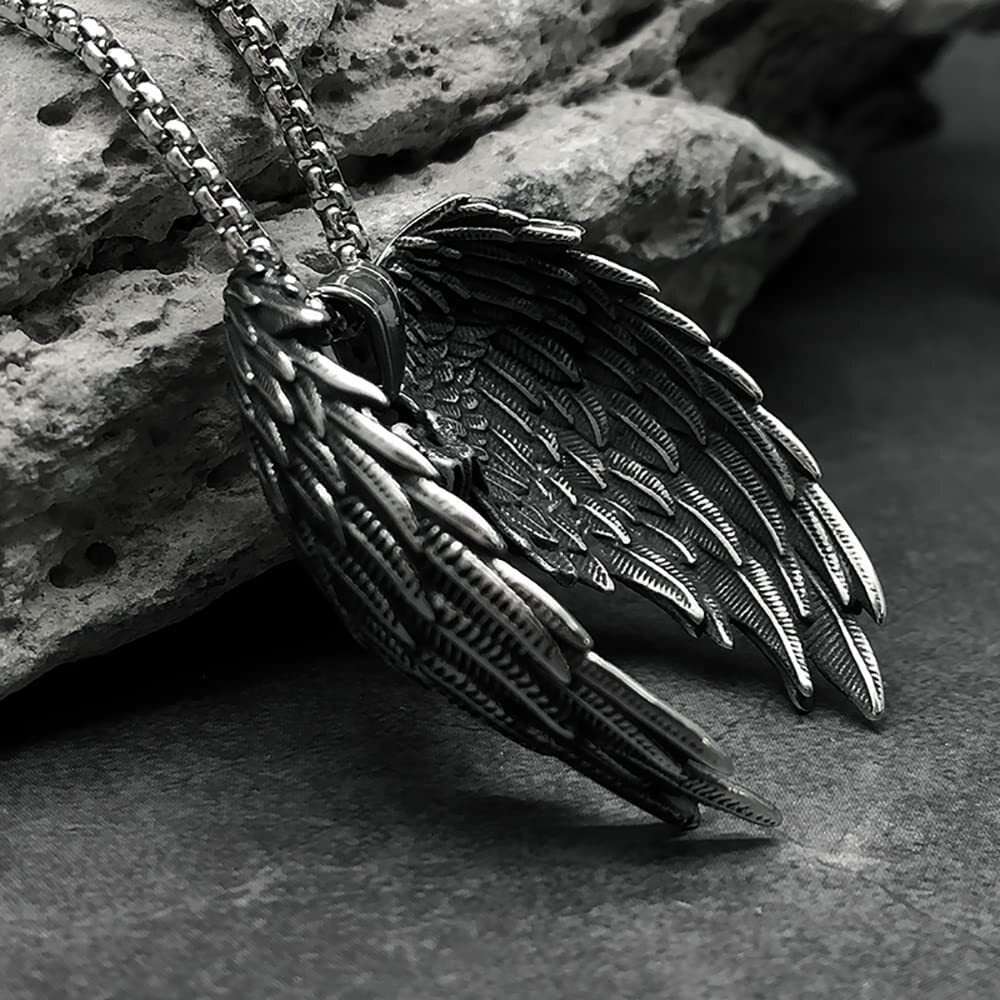 Wolf Tide New Fashion Angel Wings Pendant Necklace Iron Warrior Creative Stainless Steel Chain Personalized Trendy Men's Hip Hop Punk Jewelry Who