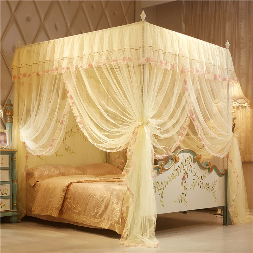 Romantic Mosquito Net Bed Canopy Princess Queen Mosquito Bedding Net Bed Tent Four Posters Floor-Length Curtain Tent Mesh 1.5x2m 240228