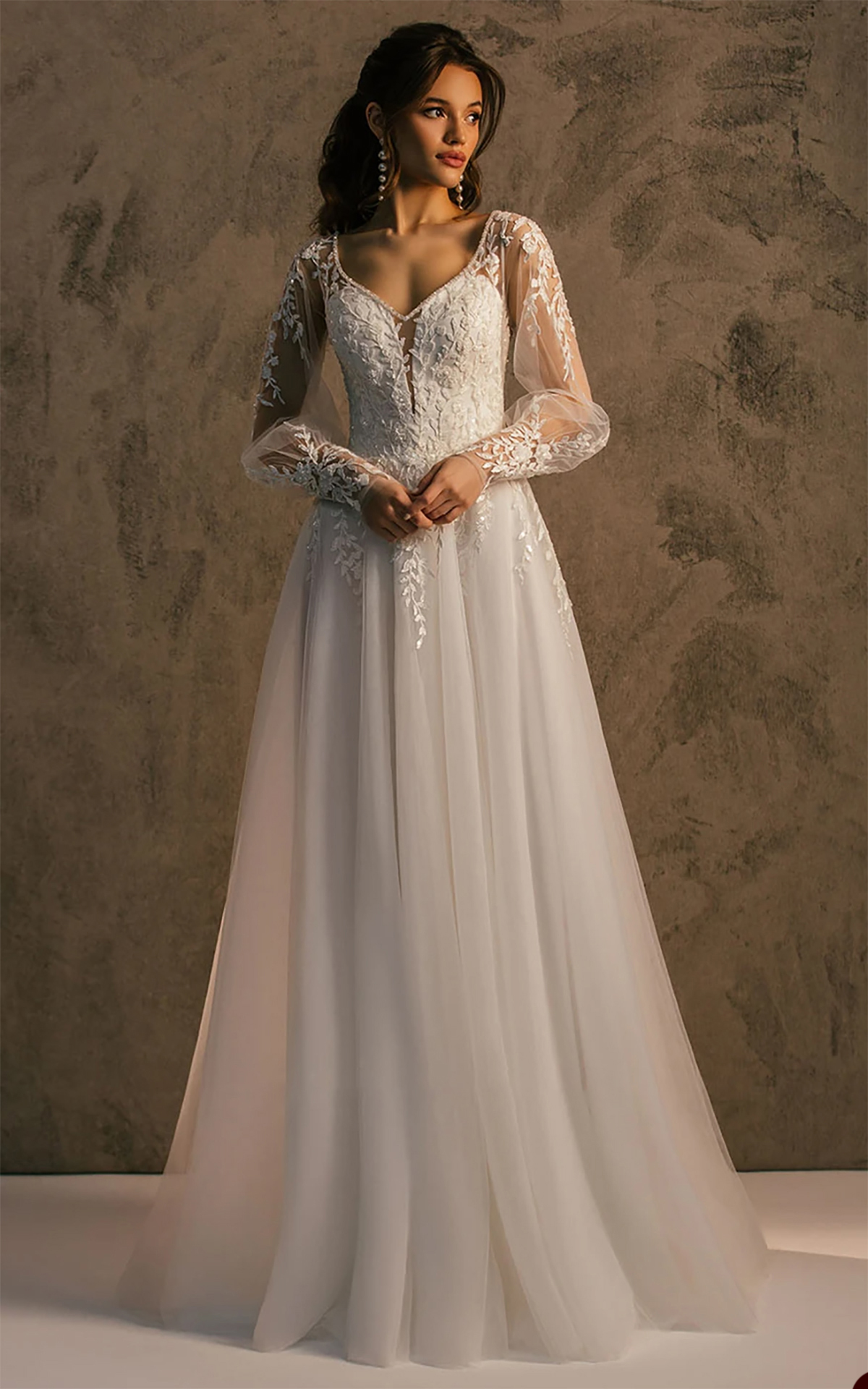 A e Wedding Dress: Lace Appliques Long Sleeves Backless Bridal Gown