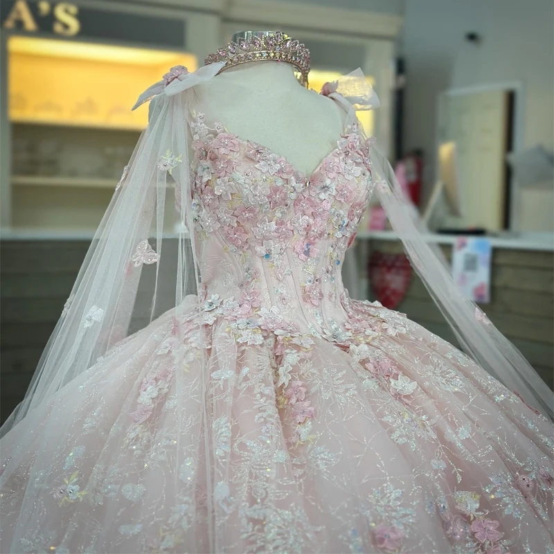 Princess Pink Sweetheart Ball Gown Quinceanera Dress With Cape Beaded Appliques Dwer Tull Party Gowns Vestidos De Anos Bc s