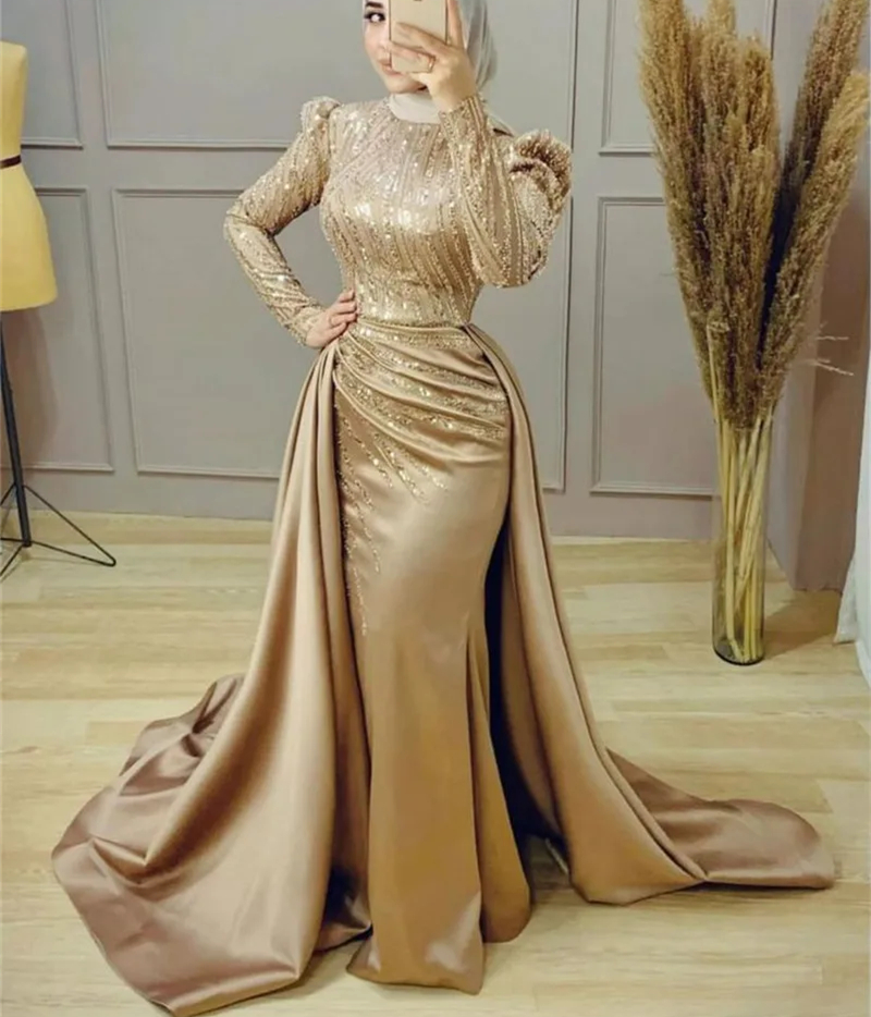 Elegant Sequins Beaded Muslim Evening Dresses Hijab Islamic Long Mermaid Formal Occasion Gowns For Women 2024 Detachable Train Long Sleeves Champagne 