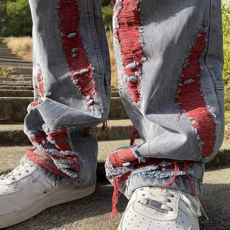 High Street Hip Hop Destroy Brushed Embroidered Baggy Jeans Casual Straight Leg Denim Pants Man Women 240228