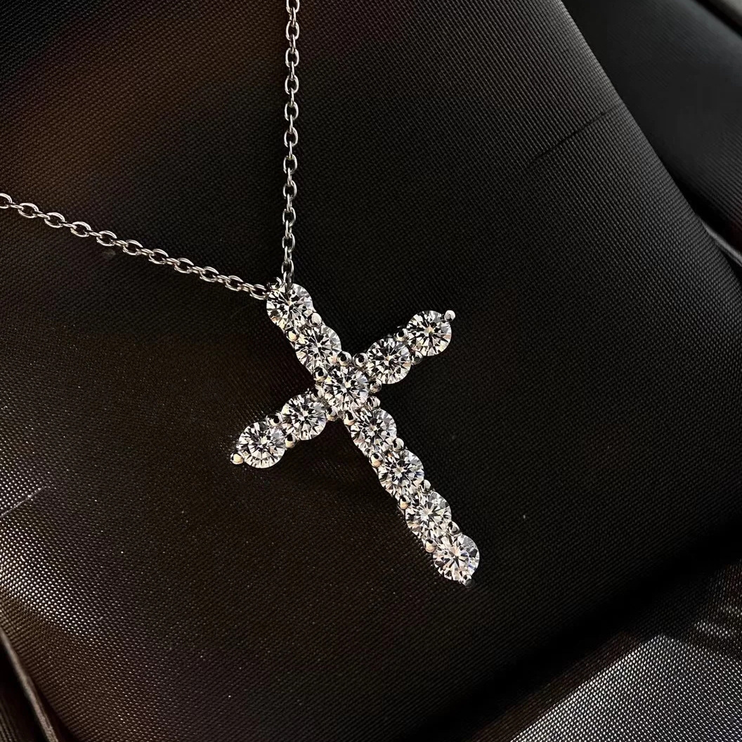 Rulalei 2024 Top Sell Cross Pendant Luxury Jewelry 925 Sterling Silver Round Cut White Topaz CZ Diamond Gemstones Party Women Clavicle Necklace Gift