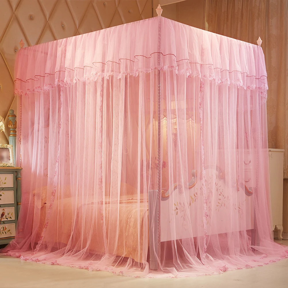Romantic Mosquito Net Bed Canopy Princess Queen Mosquito Bedding Net Bed Tent Four Posters Floor-Length Curtain Tent Mesh 1.5x2m 240228