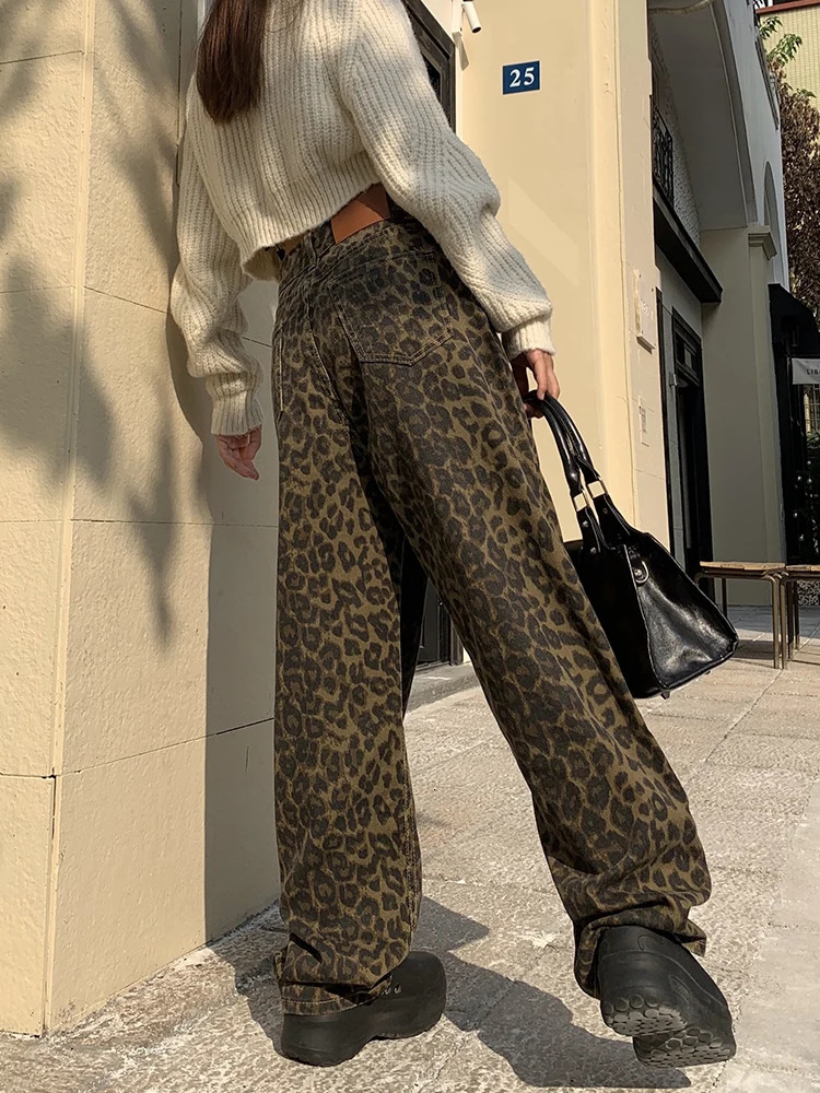 Korean Leopard Print Y2k Jeans Women Casual High Waisted Baggy Wide Leg Denim Pants Fashion Streetwear Retro Straight 240227