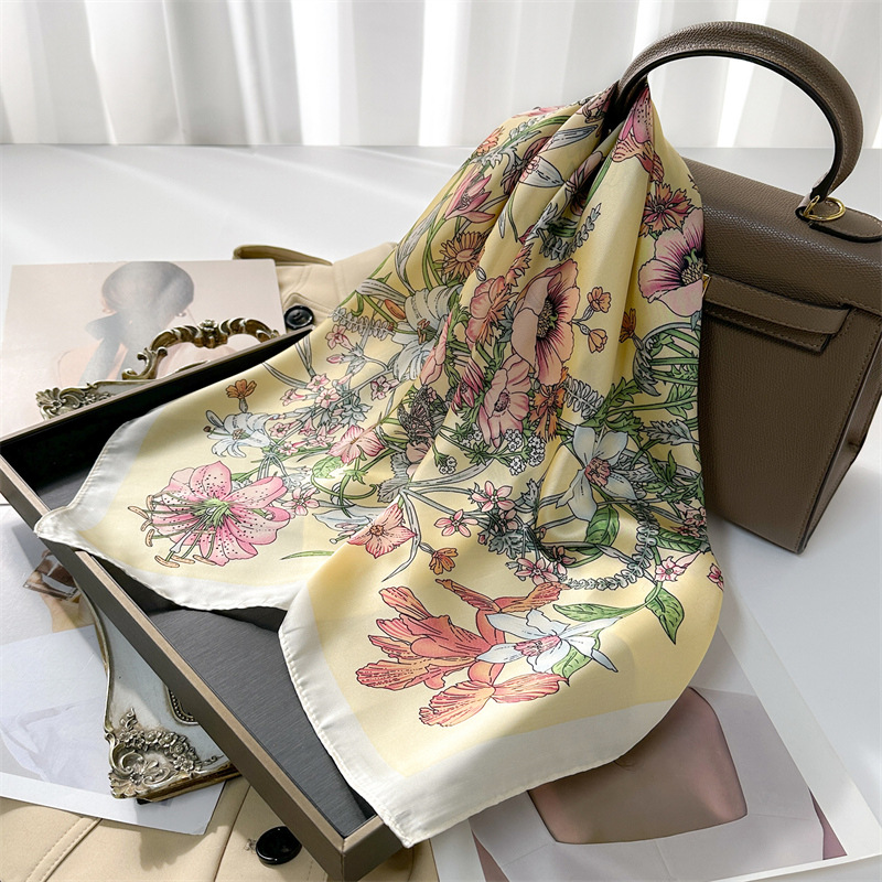 70x70cm Simple Presbyopia Designer Colourful Flowers Silk Scarf Headband for Women Fashion Long Handle Bag Scarves Paris Shoulder Tote Luggage Ribbon Head Wraps