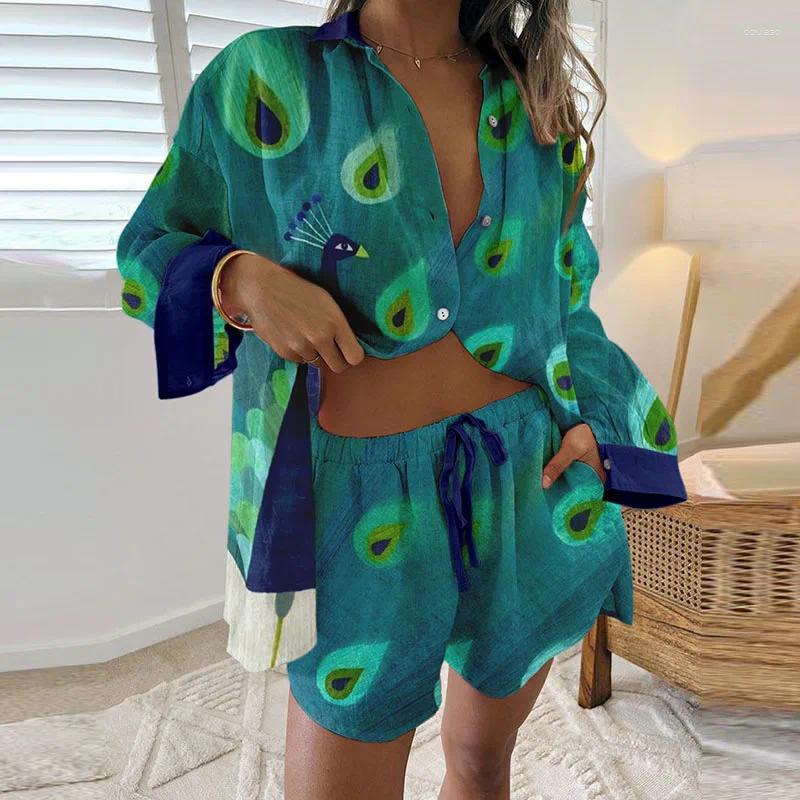 Women's Tracksuits 2024 Spring Summer Loose Long Sleeved Shirt Set Fashion Pattern Printed Beach Shorts Suits Hawaii Vacation Casual Women