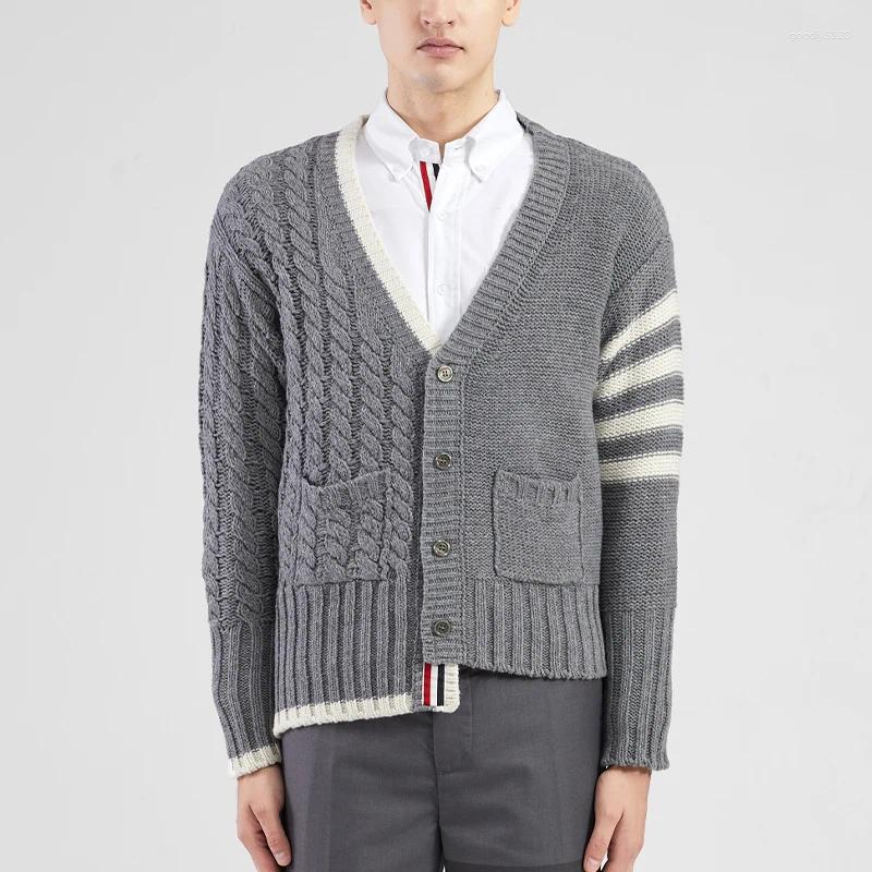 Men's Sweaters Sweater 4-Bar Striped Tops Autumn Winter Korean Trend Knitted V-Neck Irregular Women Men Cardigan Coat