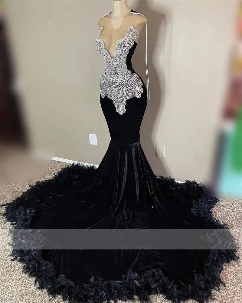 Veet Sheer O Neck Long Prom Dress For Black Girls Beaded Crystal Birthday Party Dresses Feathers Mermaid Evening Gown Tassel 0301