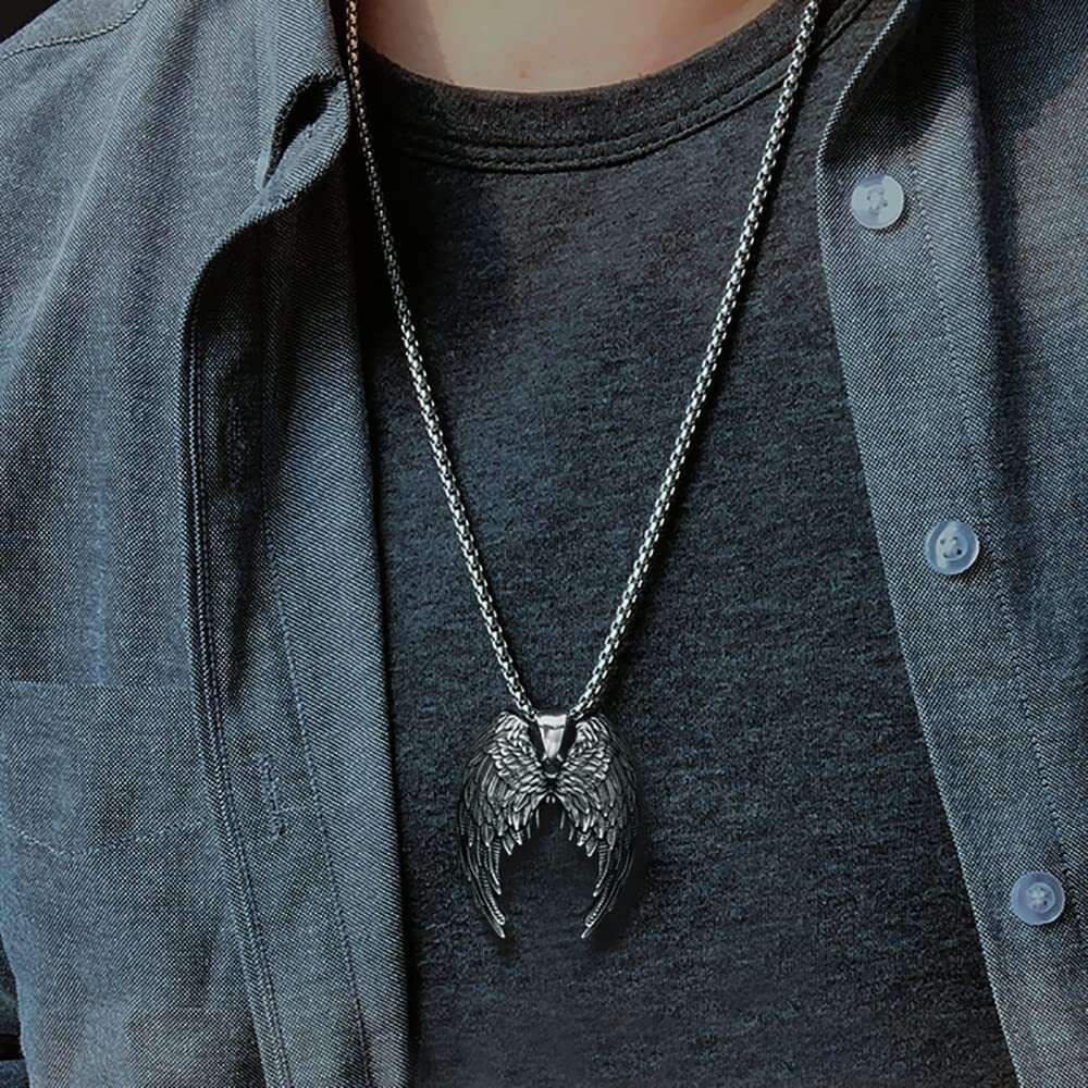 Wolf Tide New Fashion Angel Wings Pendant Necklace Iron Warrior Creative Stainless Steel Chain Personalized Trendy Men's Hip Hop Punk Jewelry Who