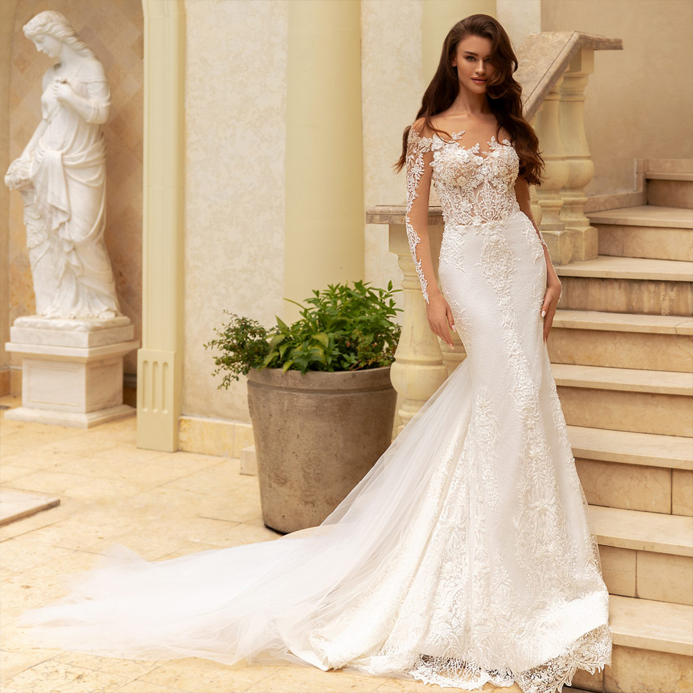 Alonlivn Chic Style Sheer Scoop Neck Mermaid Wedding Dress With Beading Appliques Lace Court Train Full Sleeves Trumpet Bridal Gowns