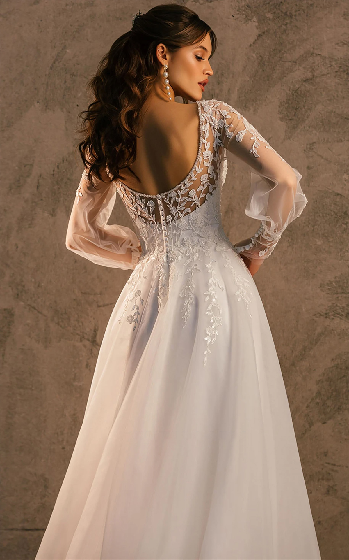 A e Wedding Dress: Lace Appliques Long Sleeves Backless Bridal Gown