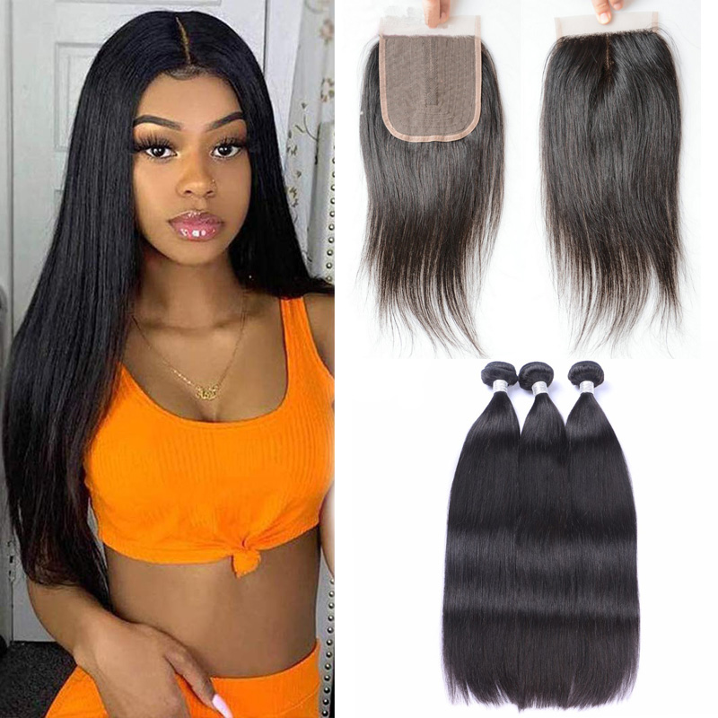 T Part 4X4 Lace Closure With 3 Bundles Peruvian Brazilian 100% Human Hair Wefts With 4X1 Closure Middle Part Straight