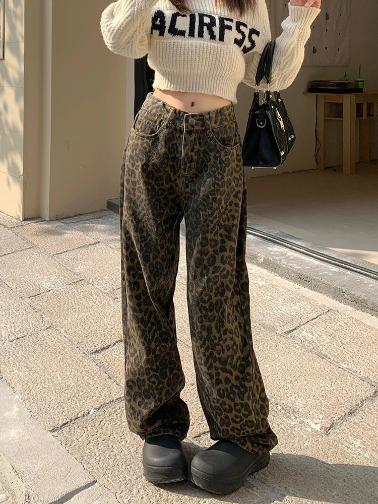 Korean Leopard Print Y2k Jeans Women Casual High Waisted Baggy Wide Leg Denim Pants Fashion Streetwear Retro Straight 240227