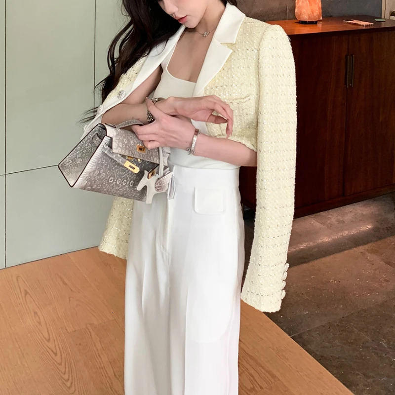 Embellished Cropped Women Tweed Blazer French Style Hollow Suspenders Mini Dress Cropped Jacket Autumn in Two Pieces Set 240223