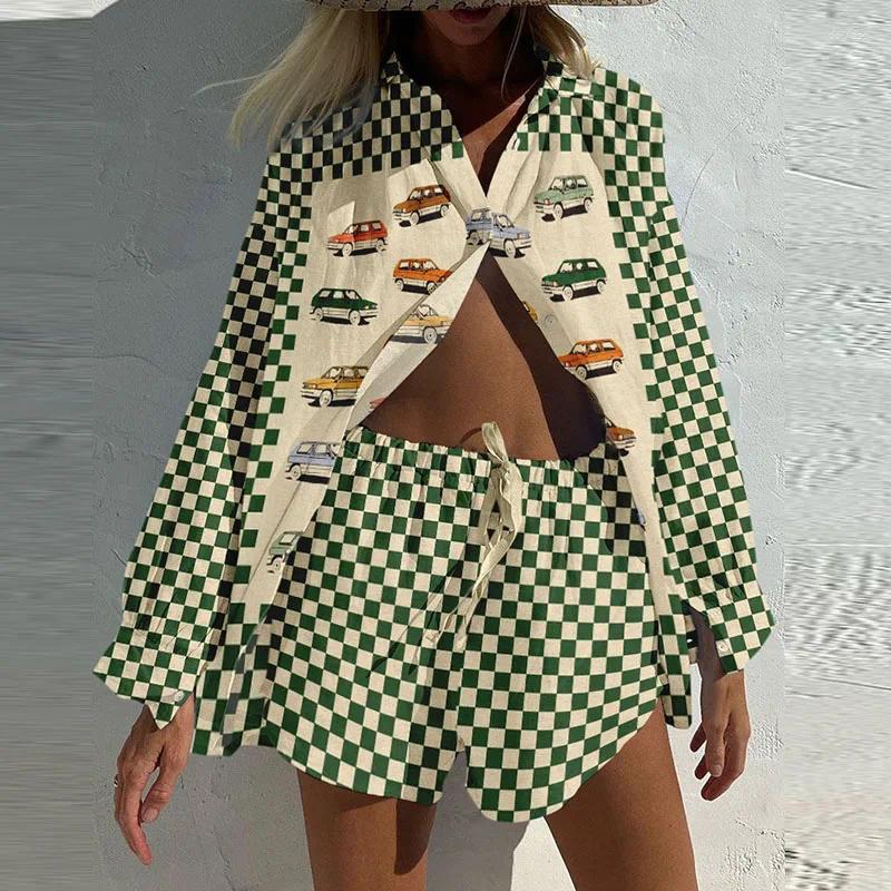 Women's Tracksuits 2024 Spring Summer Loose Long Sleeved Shirt Set Fashion Pattern Printed Beach Shorts Suits Hawaii Vacation Casual Women