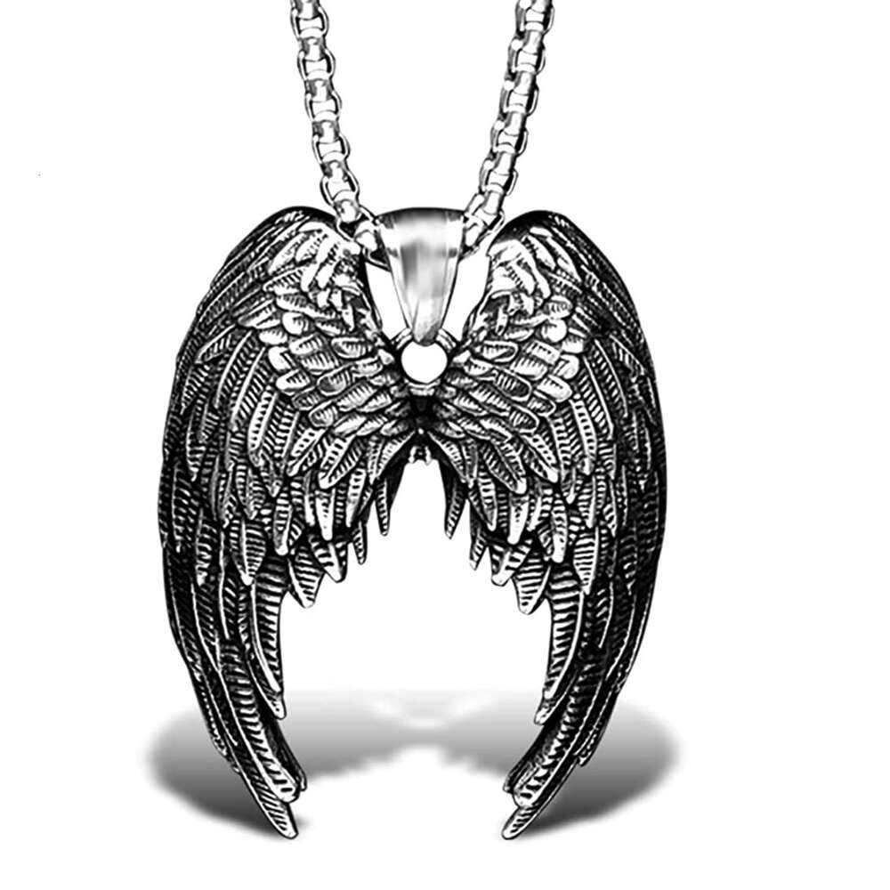 Wolf Tide New Fashion Angel Wings Pendant Necklace Iron Warrior Creative Stainless Steel Chain Personalized Trendy Men's Hip Hop Punk Jewelry Who