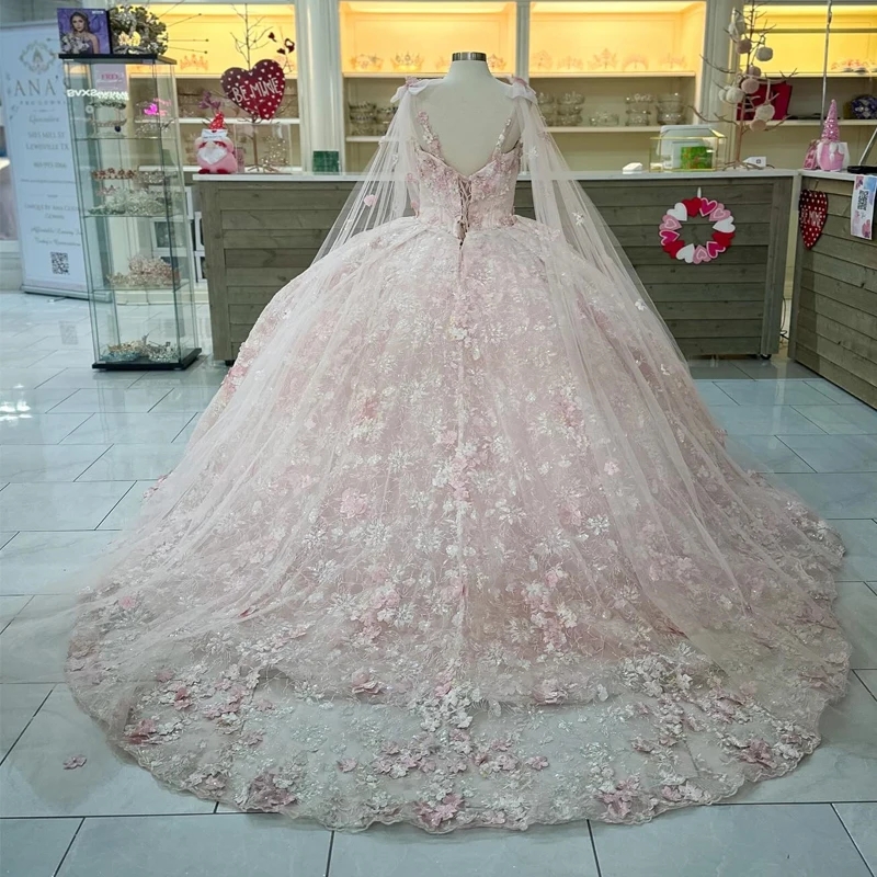 Princess Pink Sweetheart Ball Gown Quinceanera Dress With Cape Beaded Appliques Dwer Tull Party Gowns Vestidos De Anos Bc s